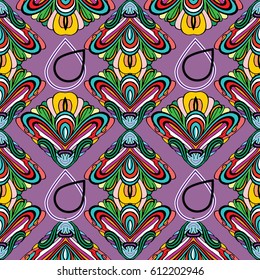 Geometric abstract seamless pattern. Violet floral vector background wallpaper with colorful geometrical figures, lines, shapes, rhombus, triangles. Bright modern texture for textile, print, fabric