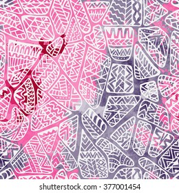 Geometric abstract seamless pattern. Watercolor texture. Doodle hand-drawn. Tribal motifs. White, red, pink and gray colors. Bright vintage ornaments.