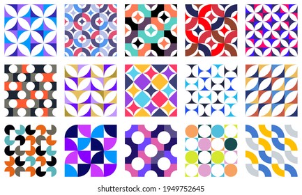 Geometric abstract seamless patterns set with colorful simple elements of geometry, wallpaper background in retro 70s style, Bauhaus constructive style tiles collection.