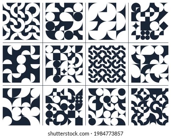 Geometric abstract seamless patterns set with black and white simple elements of geometry, wallpaper backgrounds in retro 70s style, Bauhaus constructive style tiles.