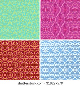Geometric abstract seamless patterns in turquoise, lilac, red and blue colors. Vector illustration