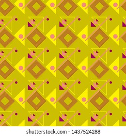 Geometric abstract seamless vector pattern. Squares, triangles, circles, and lines. Yellow, green, pink and purple colors.