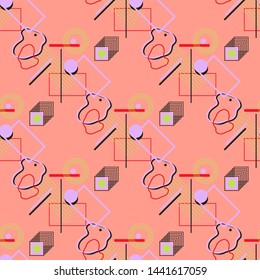 Geometric abstract seamless vector pattern. Rectangles, circles, and lines. Orange, lilac, green, red and  black colors.