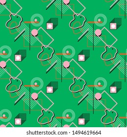Geometric abstract seamless vector pattern. Rectangles, circles, and lines. Orange, pink, green, white and  black colors.