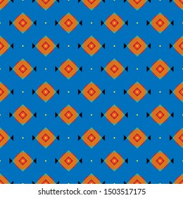 Geometric abstract seamless vector pattern. Squares, circles, and triangles. Red, blue, black and yellow colors.