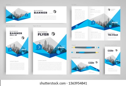 Geometric abstract set flyer cover, tri-fold, banner, roll up banner, business card blue color