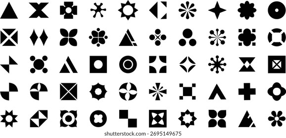 Geometric abstract shape collection in minimal black and white design, modern pattern set, symbol, icon, graphic, vector, background