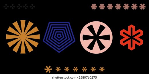 geometric abstract shapes, asterisks and graphic elements, dark vector set
