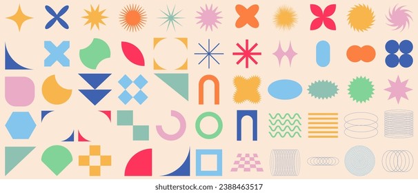 Geometric abstract shapes in brutalist style. Colorful elements collection. Vector illustration.