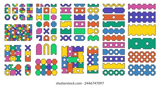 Geometric abstract  shapes. Constructor, designer kit with colorful elements. Bright colorful design elements, backgrounds, patterns with perforation, dots. 