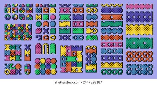 Geometric abstract  shapes. Constructor, designer kit with colorful elements. Bright colorful design elements, backgrounds, patterns with perforation, dots. 