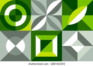 Geometric Abstract Shapes Pattern, On Green Colors In Bauhaus Style. For Flyer, Brochure Or Cover Design. Vector Art Design. Eps10