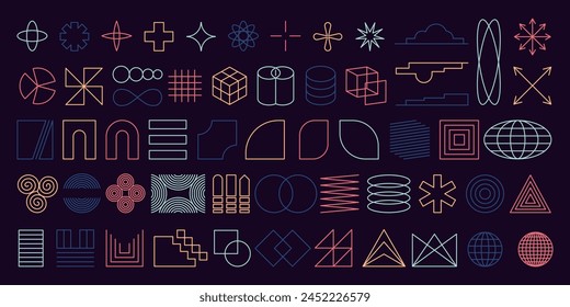 Geometric abstract shapes retro collection. Art styles like abstract, brutalist, y2k and futurist, modernist. Unfilled thin line outline icon graphic elements