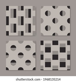 Geometric abstract shapes seamless pattern. Modern print wallpaper set in minimalist style. Textures of circles, square and lines of black and beige colors. Contemporary wrapping illustrations.