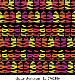 Geometric abstract shapes seamless vector pattern. Red, pink, orange, and yellow half dome doodle shapes on a black background. Modern design for women and girls. Great for backgrounds, websites.