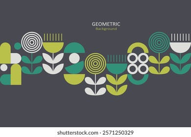 Geometric of abstract shapes such as circles, half-circles, lines, and leaf-like forms. The shades are green, teal, yellow, black, and white. The design is modern, minimalistic, and nature-inspired.