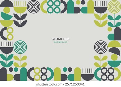 Geometric of abstract shapes such as circles, half-circles, lines, and leaf-like forms. The shades are green, teal, yellow, black, and white. The design is modern, minimalistic, and nature-inspired.