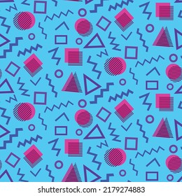Geometric abstract shapes and zigzag lines seamless pattern in neon pink and dark blue over turquoise background in 90s style. For retro party posters, gift wrapping paper and textures.