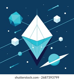 Geometric Abstract Space Scene with Crystal and Cubes
