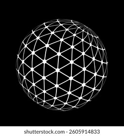 Geometric abstract sphere made of white connected lines and dots on a black background, symbolizing global network or digital communication. Vector illustration