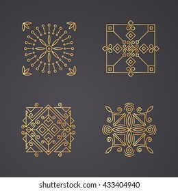 Geometric abstract square icons. Set of four logo templates. Ornamental vector symbols. Graphic Design Collection