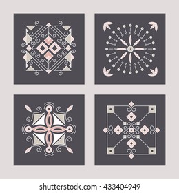 Geometric abstract square icons. Set of four logo templates. Ornamental vector symbols. Graphic Design Collection