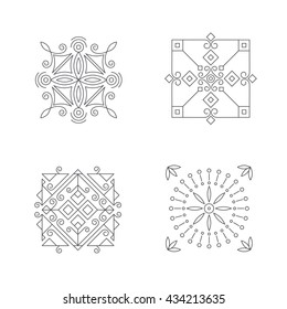 Geometric abstract square outline icons. Set of four logo templates. Ornamental vector symbols. Graphic Design Collection