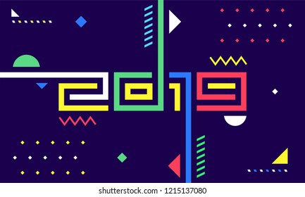 Geometric abstract style colorful text 2019 on blue background for New Year poster banner design.