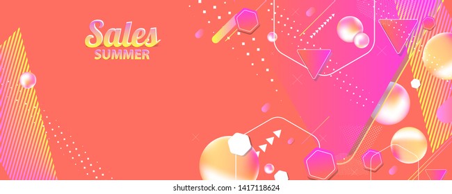 Geometric abstract summer background on living coral color and white geometric lines. Banner 3d sale business template