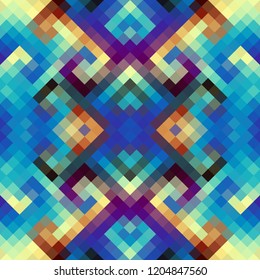 Geometric abstract symmetric pattern in pixel art style. Seamless geometric background. Vector image.