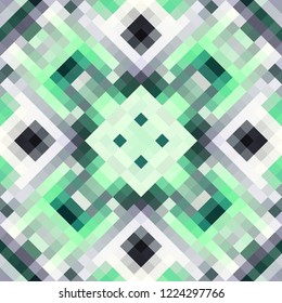 Geometric abstract symmetric pattern in pixel art style. Seamless geometric background. Vector image.