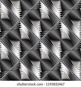 Geometric abstract textured 3d seamless pattern. Black and white striped surface vector background. Modern tiled otnament. Geometrical shapes, rhombus, stripes, lines, frames, zigzag. Stitching design