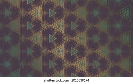 Geometric abstract textured kaleidoscope triangle pattern in gloomy mood, suitable for Halloween. Ornament in dark purple, teal and gold for wrapping paper, wallpaper background, package design.
