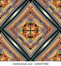 Geometric abstract textured vector seamless pattern. Vintage floral embroidery flowers. Geometry ornamental striped background. Abstract ornate design with tapestry  baroque damask flowers, leaves. 