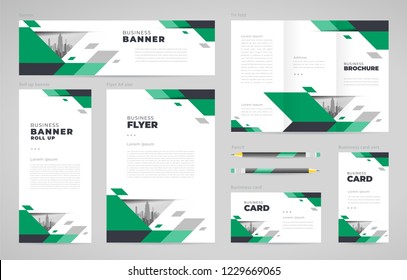 Geometric abstract theme Set flyer cover, tri-fold, banner, roll up banner, business card blue color