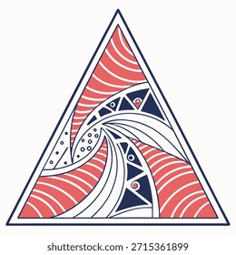 Geometrisches abstraktes Dreieck mit roten blauen und weißen Mustern Schlagwörter: dreieck, geometrisch, abstrakt, muster, design, kunst, grafik, form