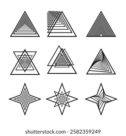 Geometric Abstract Triangle and Star Line Art Vector Illustration. A collection of nine geometric abstract vector designs featuring intricate triangular and star-like patterns.