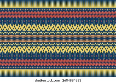 Geometric Abstract Tribal Blue Yellow Orange Zigzag Floral Pattern Ikat Design for Textile Print