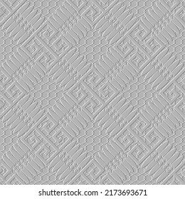 Geometric abstract ttextured greek 3d seamless pattern. Ornamental lace embossed white background. Grid repeat ethnic style emboss backdrop. Modern greek key meanders relief surface grunge ornaments.