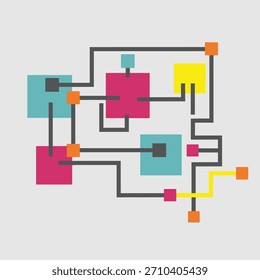 Un Arte vectorial abstracto geométrico con un tema de red, con Formas rellenas de verde azulado, rosa, amarillo y naranja conectadas por líneas grises oscuras.