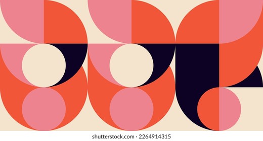 Geometric abstract vector background with circles, rectangles and squares in retro Bauhaus style. Pastel colored simple shapes graphic pattern.