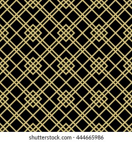 Geometric abstract vector background with rhomuses and diagonal lines. Seamless modern pattern. Black and golden pattern