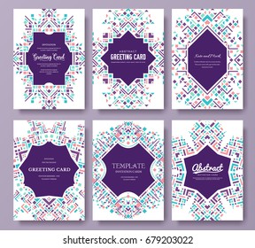 geometric abstract vector brochure cards set. ethnic style template of flyear, magazines, poster, book cover, banners. Active lifestyle invitation concept background. Layout illustration modern page