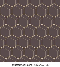 Geometric abstract vector hexagonal background. Geometric modern brown and golden ornament. Seamless modern pattern