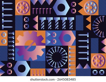 Geometric abstract vector pattern with cogwheel symbols, mechanical engineering elements, industrial tools. Graphics composition, best use in web design, business card, poster, textile print.