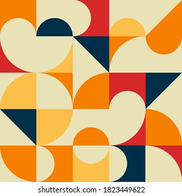 Geometric abstract vector pattern. Modern art graphic design: flat simple shapes (triangle, rectangle, circle). Minimal artistic background: bright palette and unique form. Swiss style mural.