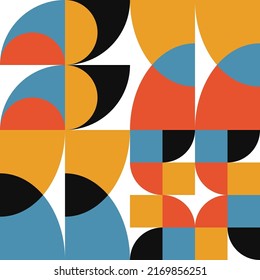 Geometric abstract vector seamless pattern with circles, rectangles and squares in retro Bauhaus style. Pastel colored simple shapes graphic background. 