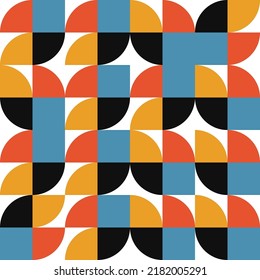 Geometric abstract vector seamless pattern with circles, rectangles and squares in retro Bauhaus style. Pastel colored simple shapes graphic background. 