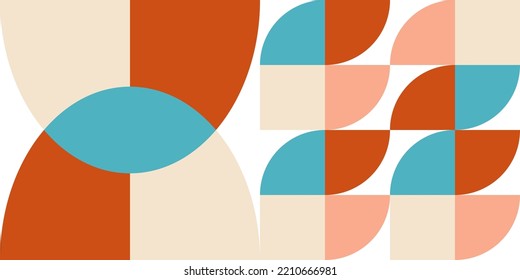 Geometric abstract vector seamless pattern with circles, rectangles and squares in retro Bauhaus style. Pastel colored simple shapes graphic background. 

