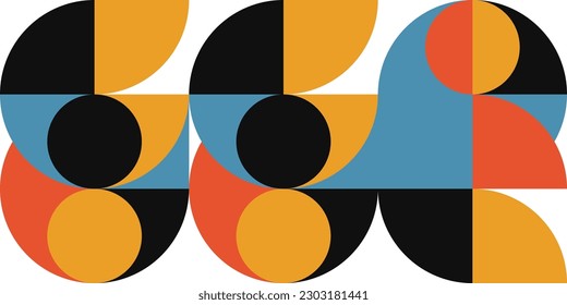 Geometric abstract vector seamless pattern with circles, rectangles and squares in retro Bauhaus style. Pastel colored simple shapes graphic background. 
